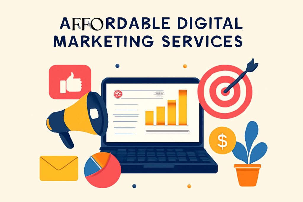 Affordable Digital Marketing Services - Illustration showing key digital marketing elements like social media, SEO, and analytics.