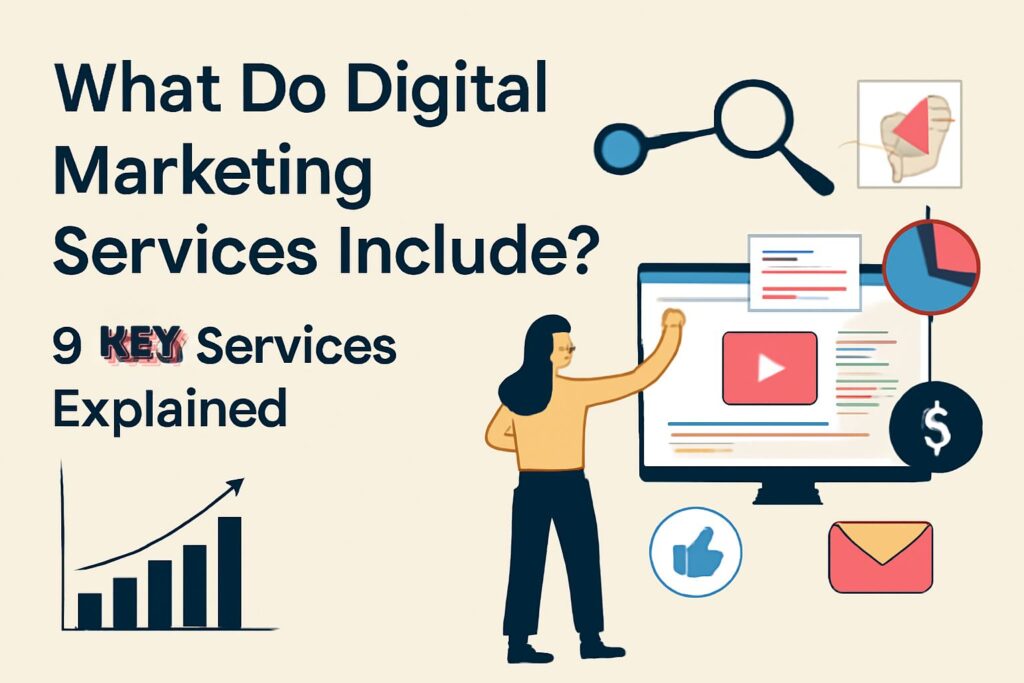 What Do Digital Marketing Services Include? - Illustration representing SEO, social media, PPC, and other digital marketing services.