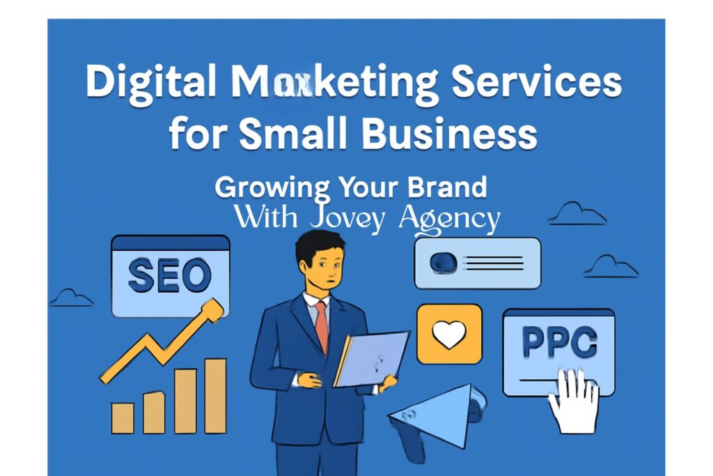 Digital Marketing Services for Small Business - Illustration showcasing SEO, PPC, and social media marketing tools for brand growth.