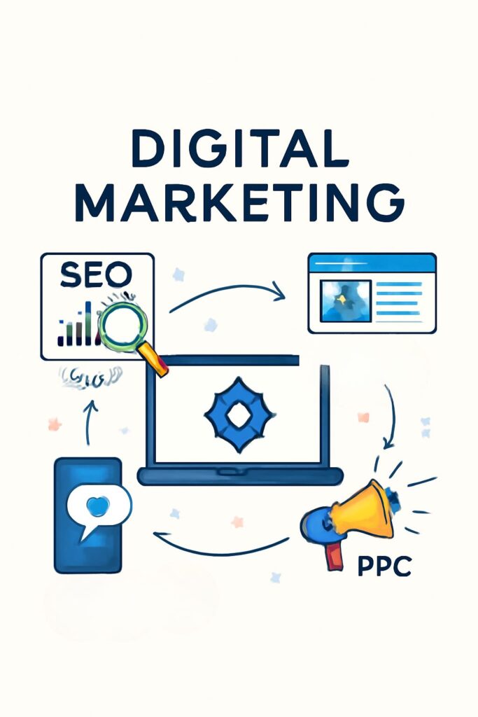Digital Marketing Services for Small Business - Infographic illustrating SEO, social media, PPC, and content marketing strategies.