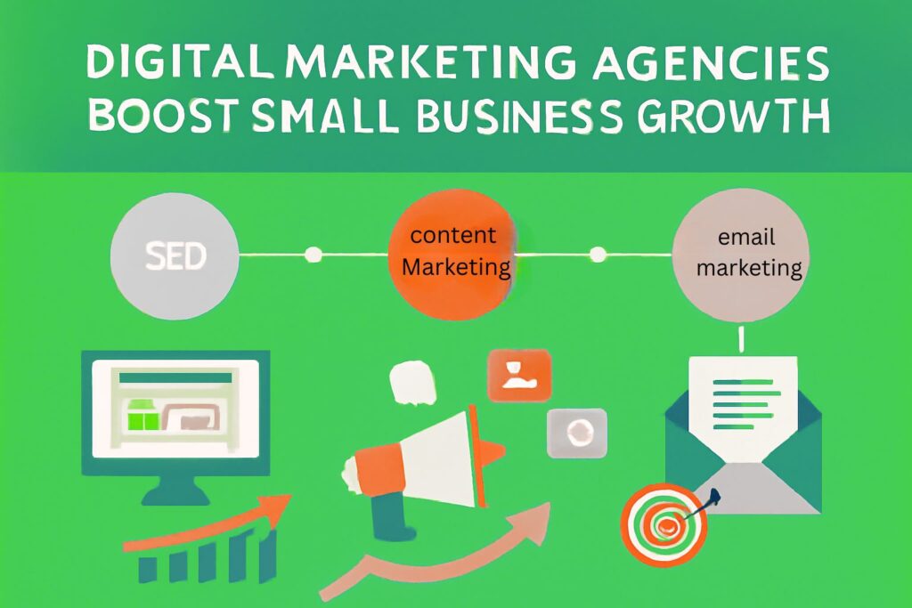 An inforgraphic on Digital marketing agencies boosting small business growth through SEO, social media, and email marketing strategies