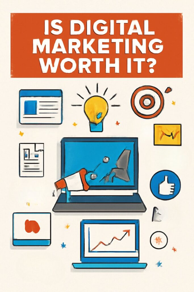 Is Digital Marketing Worth It? Infographic showing key strategies for business success like SEO, social media, and paid ads.