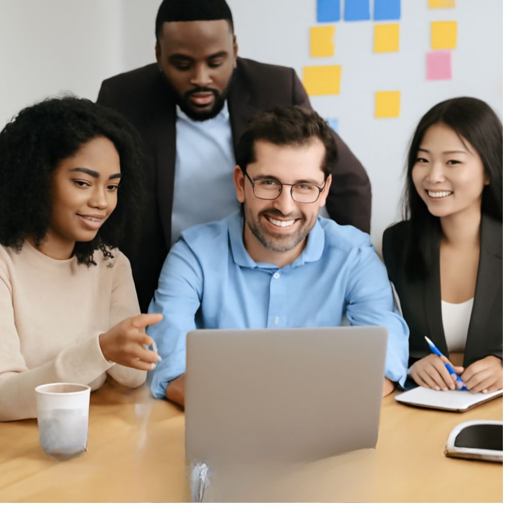 Team of diverse professionals collaborating on digital marketing services for nonprofits in a modern office environment.
