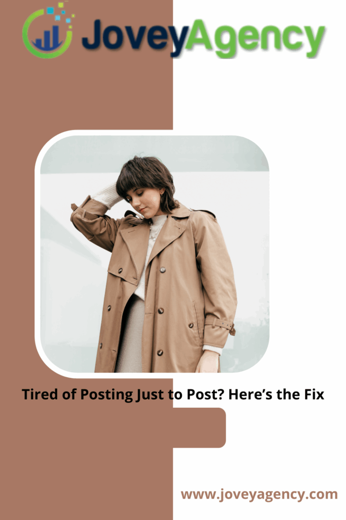 Digital graphic showing a frustrated entrepreneur planning social media content with text overlay ‘Tired of Posting Just to Post?’ – reflects content strategy burnout.