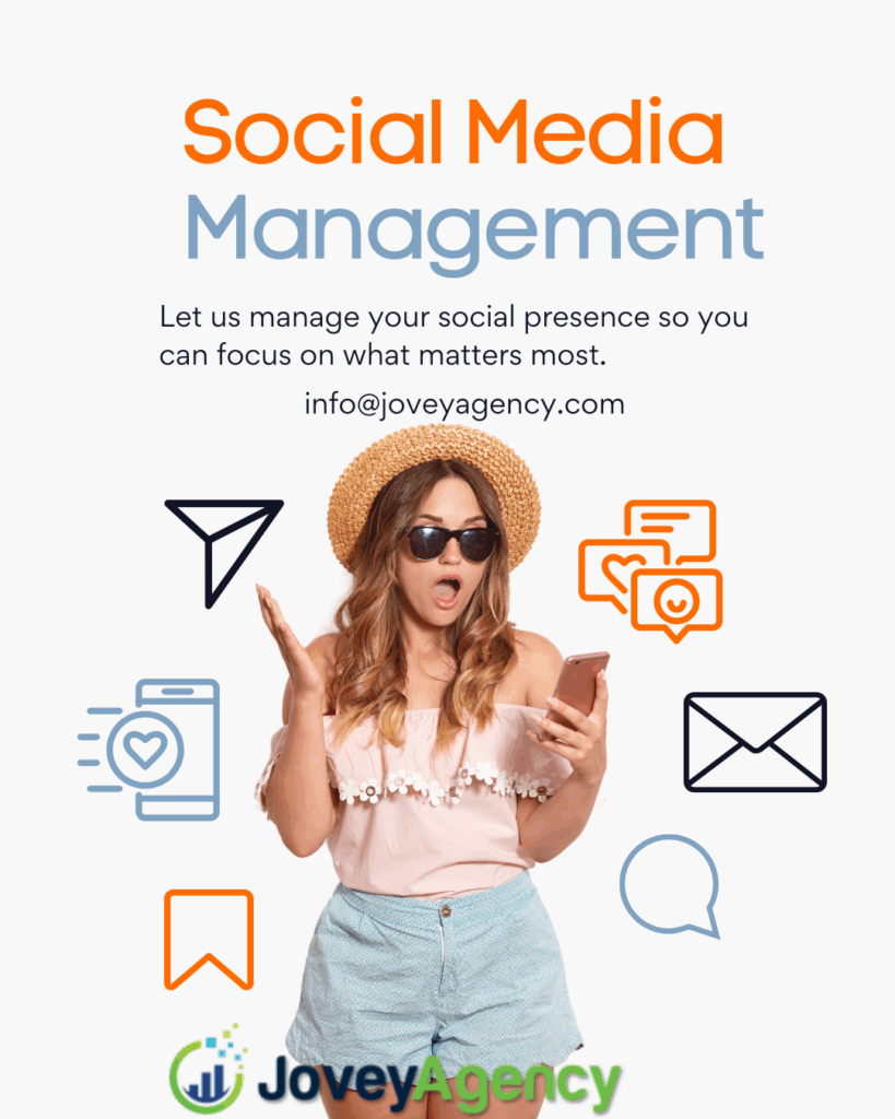 An infographic of a lady and social media handles sorrounding her with the writings why social media management is important and a jovey agency logo 