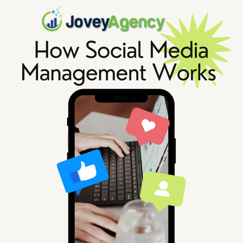 How social media management works – Jovey Agency showing digital tools and engagement icons on a phone screen