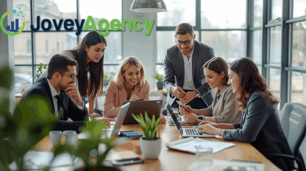 Jovey Agency social media marketing team brainstorming on the strategy to use for a client's project